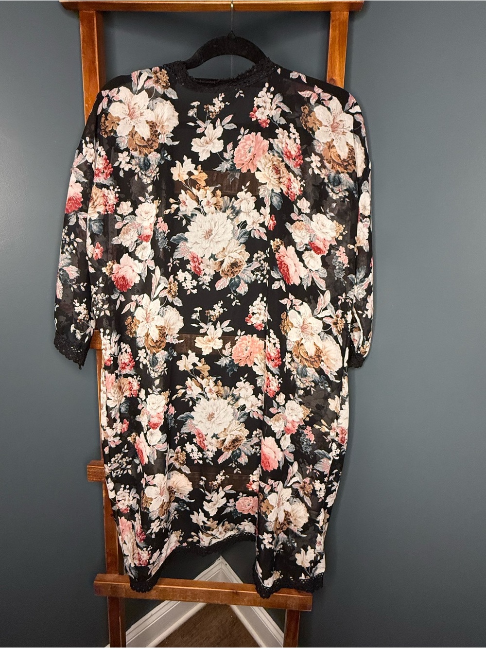 Black Floral Chiffon Kimono Cardigan | Lace Trim Open Front Boho Cover-Up - Picture 3 of 7